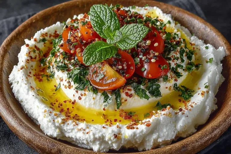 A bowl of creamy labneh served with olive oil and herbs, ideal for dipping and spreads.