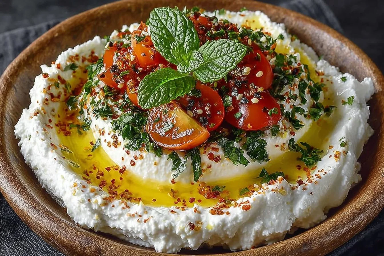 A bowl of creamy labneh served with olive oil and herbs, ideal for dipping and spreads.
