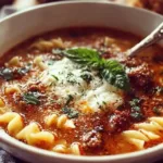 A bowl of delicious and hearty Lasagna Soup topped with cheese and herbs