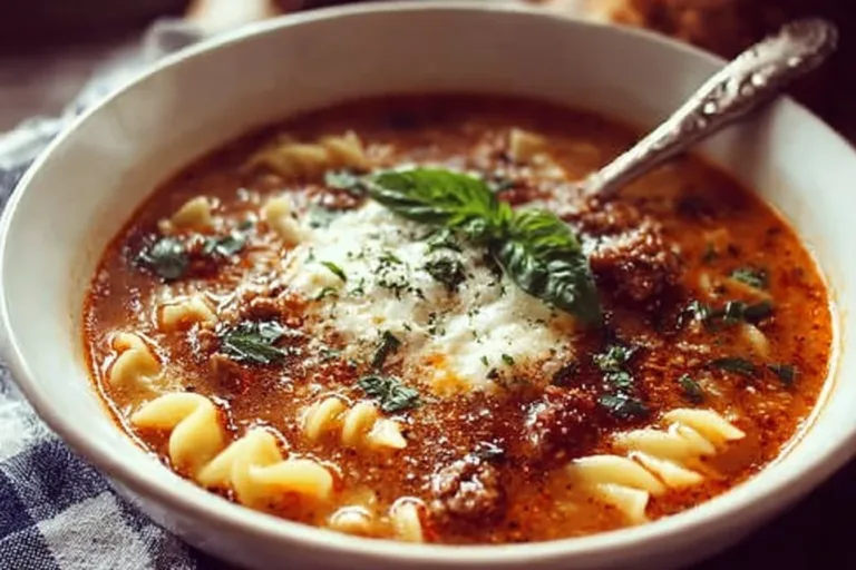 A bowl of delicious and hearty Lasagna Soup topped with cheese and herbs