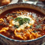 Bowl of hearty lasagna soup topped with cheese and herbs