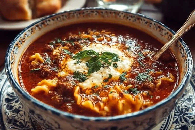Bowl of hearty lasagna soup topped with cheese and herbs