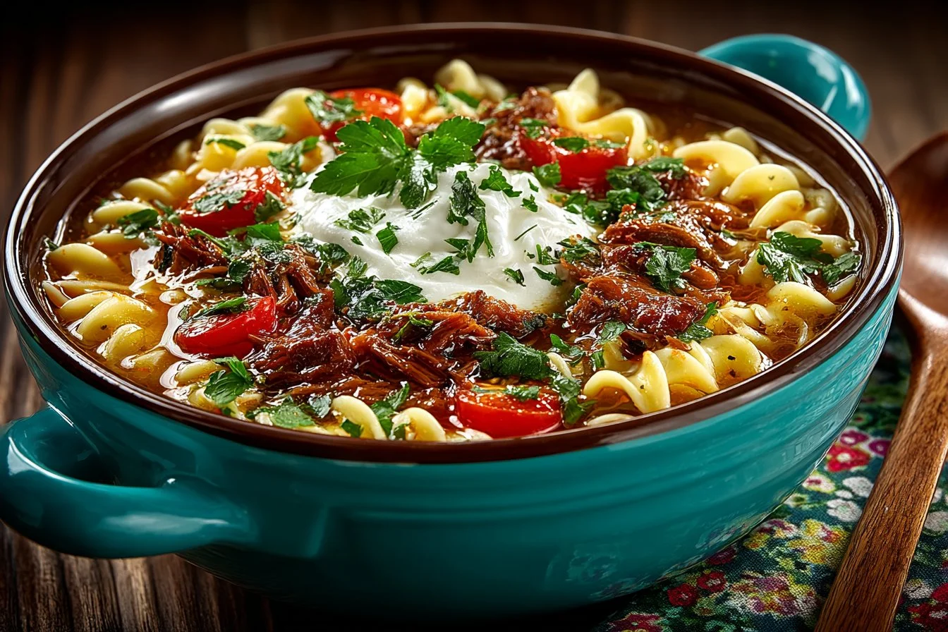 Bowl of lasagna soup topped with cheese and herbs