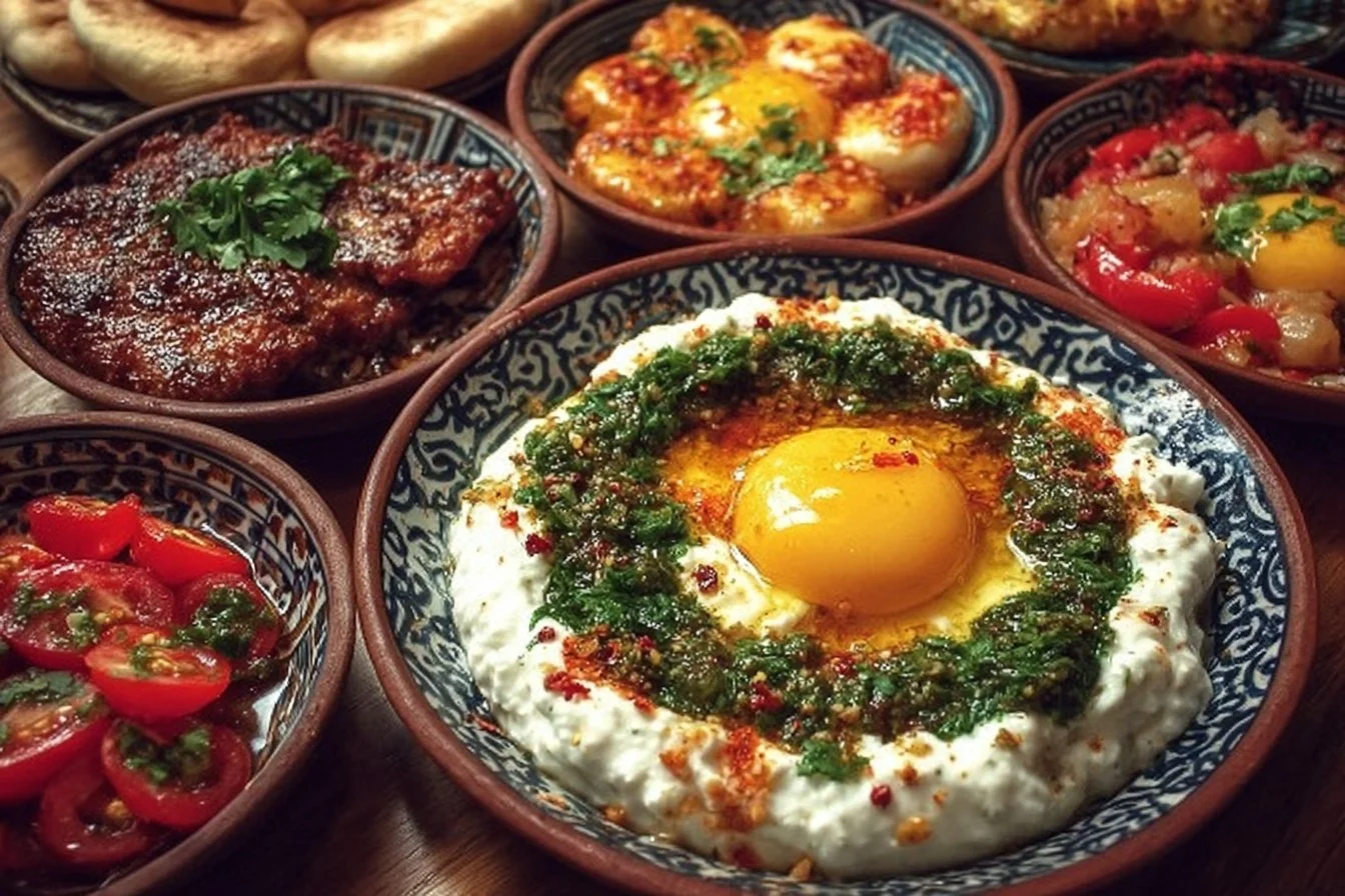 A variety of Lebanese breakfast dishes served on a colorful table.