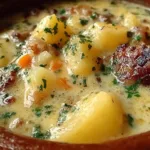 Bowl of legendary sausage potato soup garnished with herbs