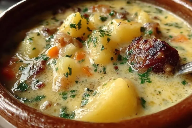 Bowl of legendary sausage potato soup garnished with herbs