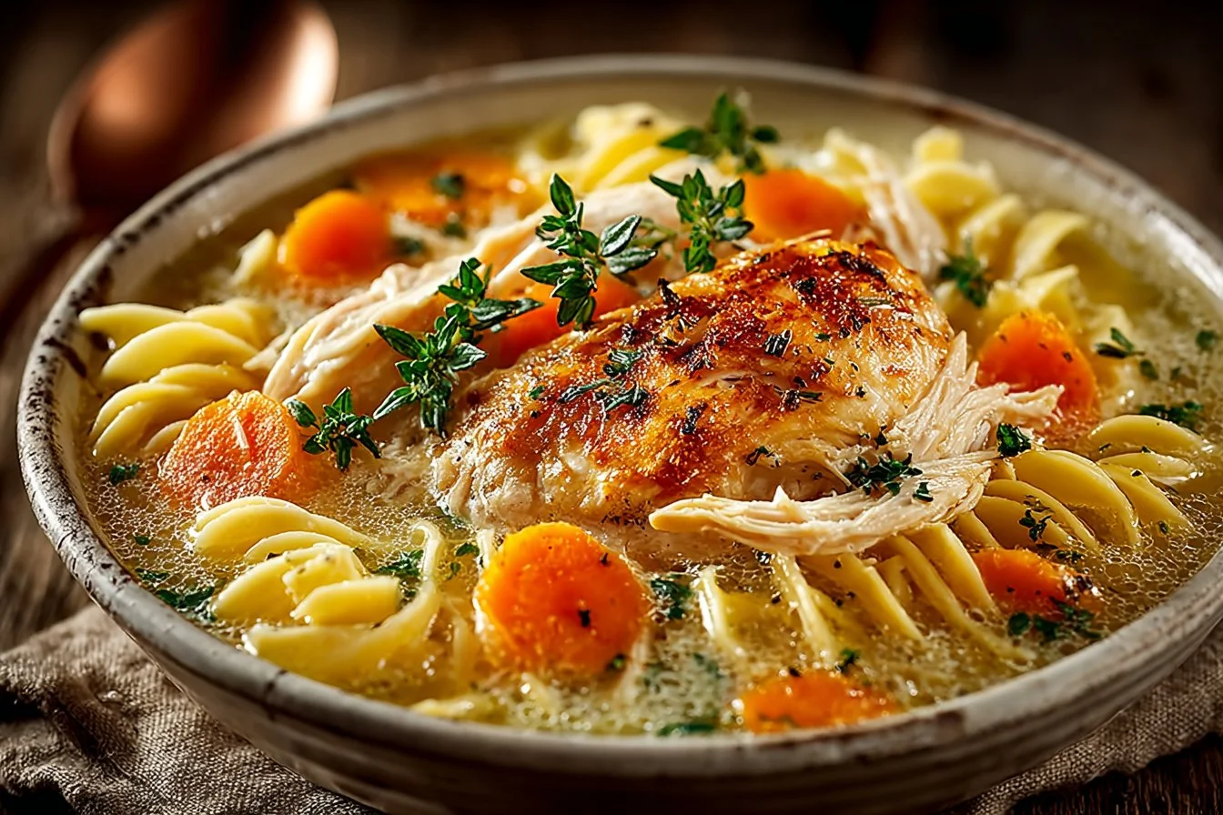 Bowl of Lemon Chicken Orzo Soup with fresh herbs and lemon slices