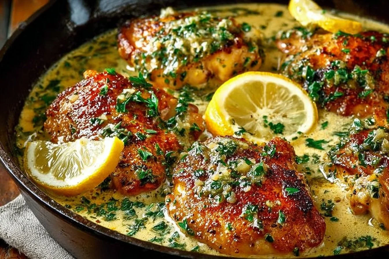 Lemon Chicken Scallopini served with lemon garlic cream sauce on a plate