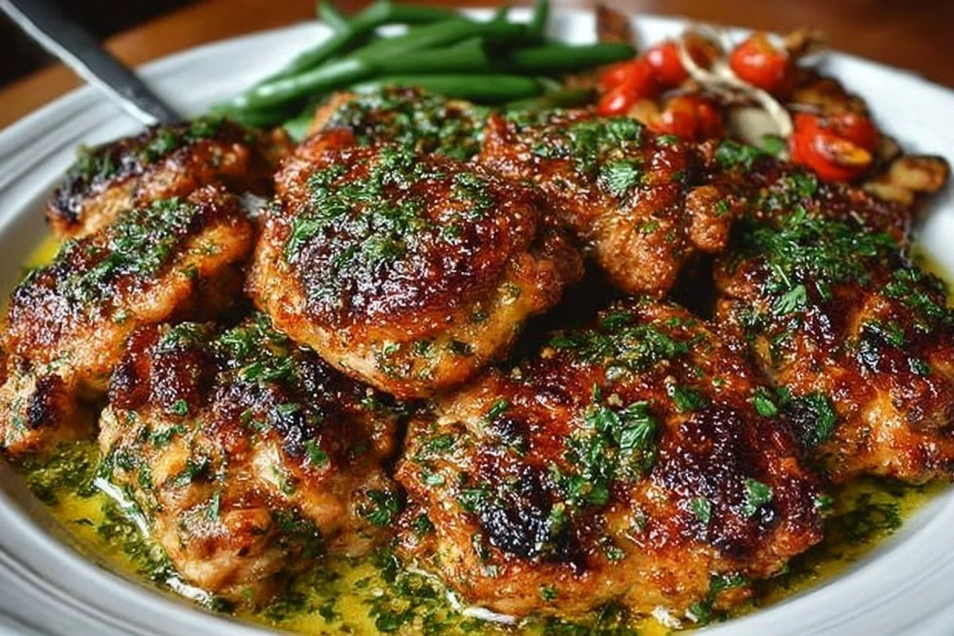 Delicious Lemon Garlic Butter Chicken Thighs topped with fresh herbs