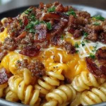 Loaded bacon cheeseburger pasta topped with crispy bacon and melted cheese.