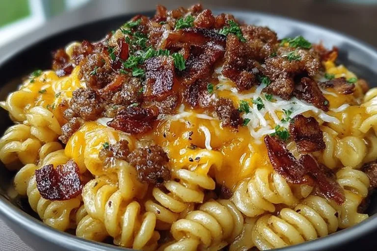 Loaded bacon cheeseburger pasta topped with crispy bacon and melted cheese.
