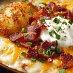 Delicious loaded baked potato soup with cheese, bacon, and green onions in a bowl.