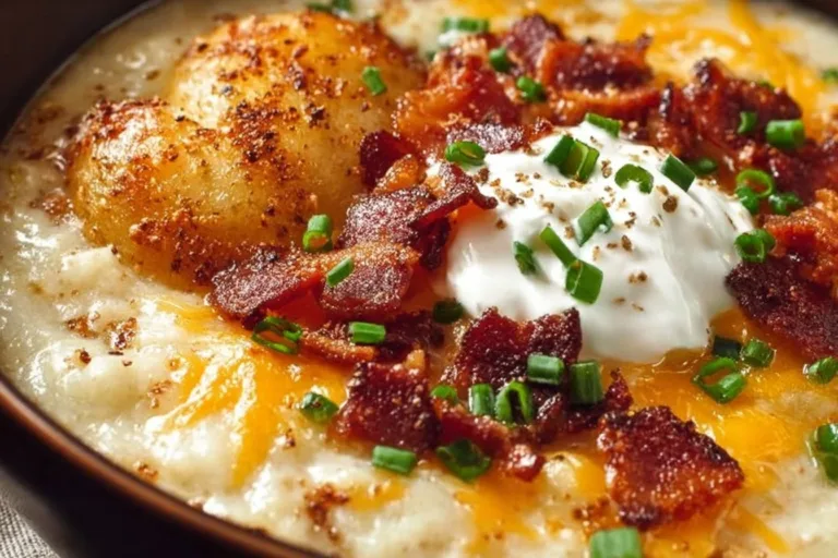 Delicious loaded baked potato soup with cheese, bacon, and green onions in a bowl.