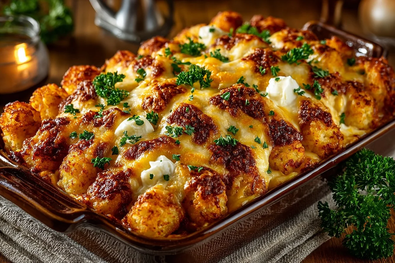 Loaded Tater Tot Breakfast Casserole with toppings and melted cheese