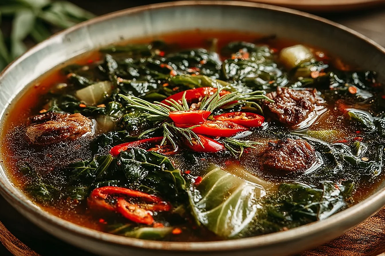 Bowl of low carb cabbage soup topped with fresh herbs