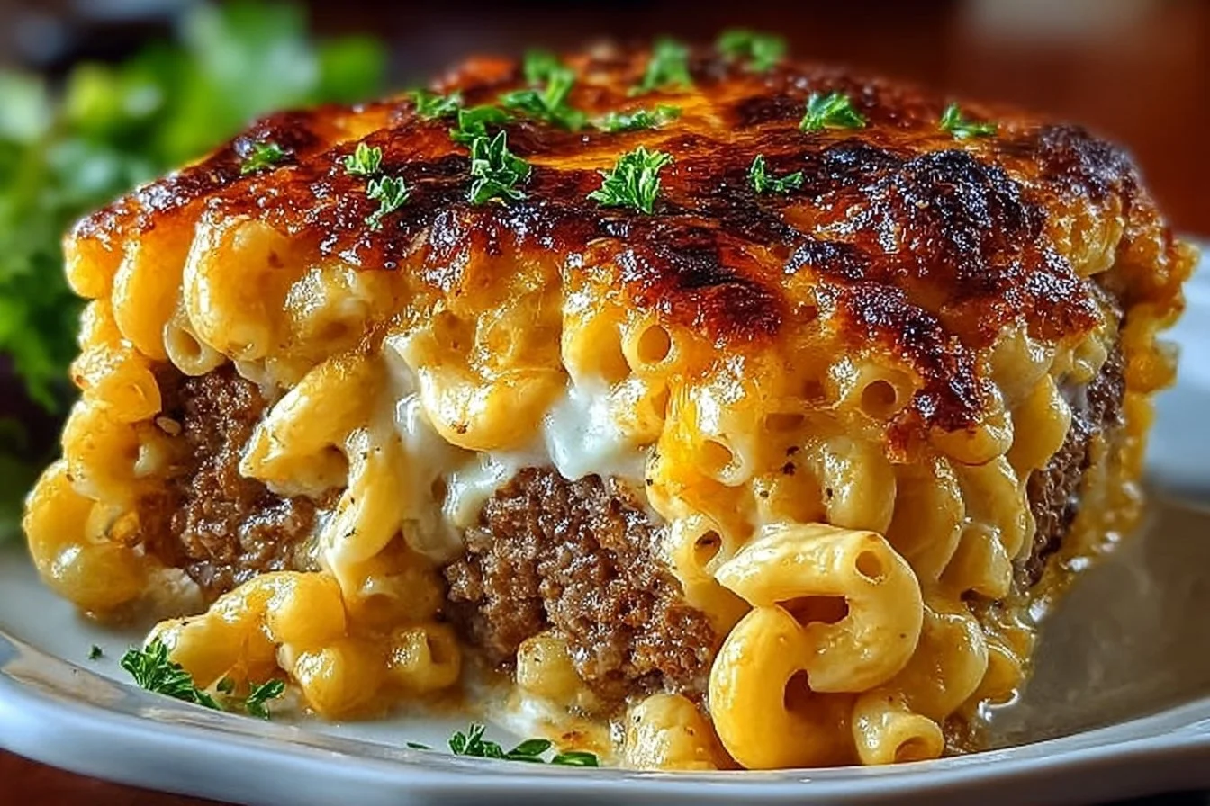 Delicious Mac and Cheese Meatloaf Casserole topped with cheese and herbs