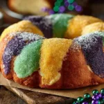 A colorful Mardi Gras King Cake decorated with icing and sprinkles
