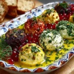 A bowl of marinated labneh topped with herbs and spices.