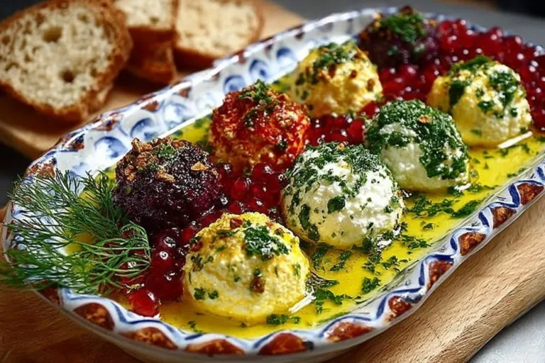 A bowl of marinated labneh topped with herbs and spices.