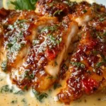 Creamy Marry Me Chicken served on a plate with herbs and pasta.