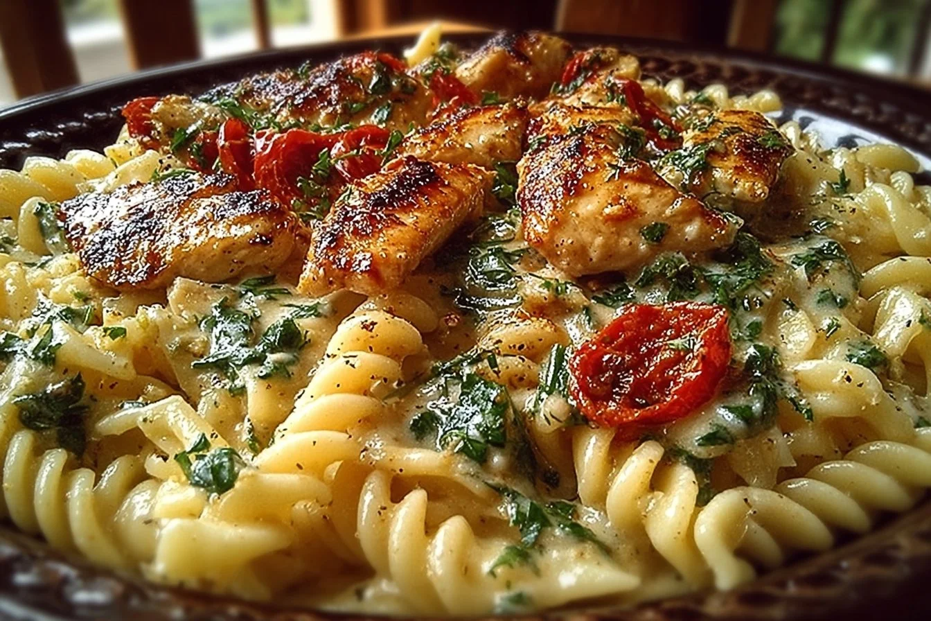 Delicious Marry Me Chicken Pasta served in a bowl, garnished with herbs.
