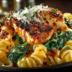 One pot Marry Me Chicken Pasta recipe garnished with fresh herbs and cheese