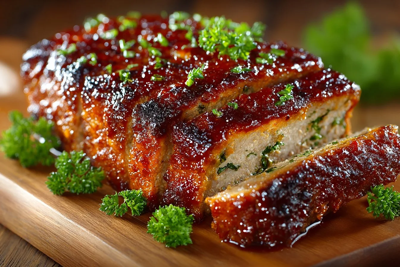 Delicious homemade meatloaf served with mashed potatoes and greens