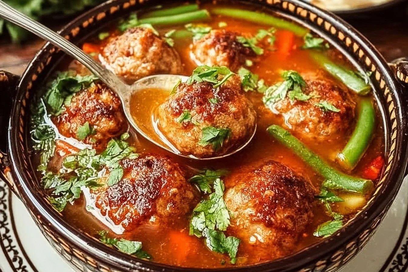Bowl of traditional Mexican Meatball Soup (Albondigas) garnished with cilantro.