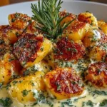 Creamy millionaire gnocchi served in a white bowl with herbs on top