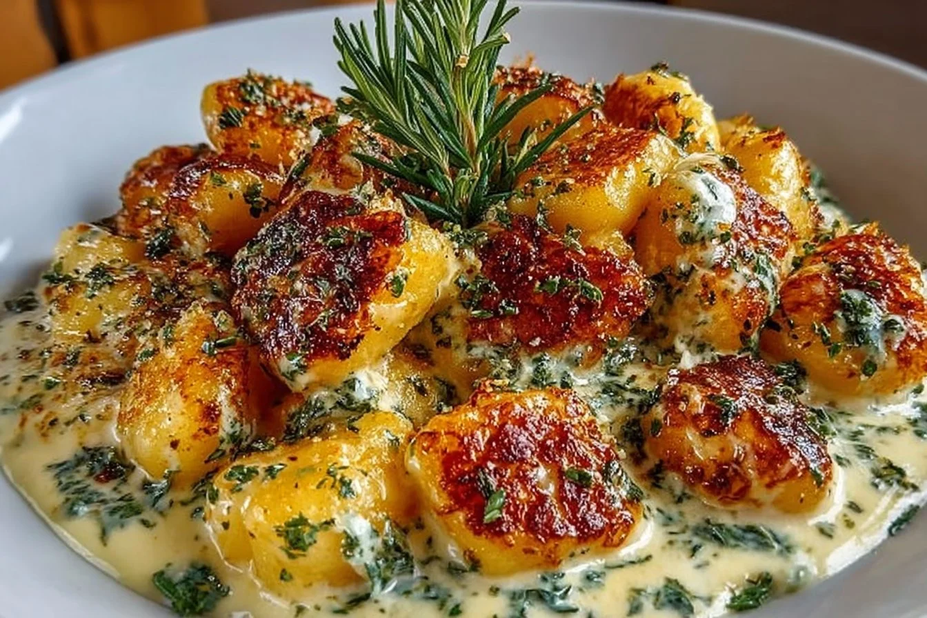 Creamy millionaire gnocchi served in a white bowl with herbs on top