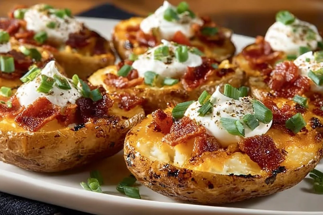 Mini Loaded Potato Skins topped with cheese, bacon, and scallions
