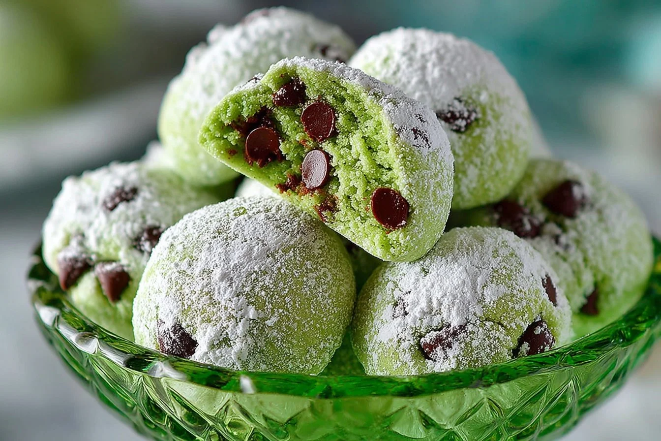 Mint Chocolate Chip Snowball Cookies with green mint flavor and chocolate chips