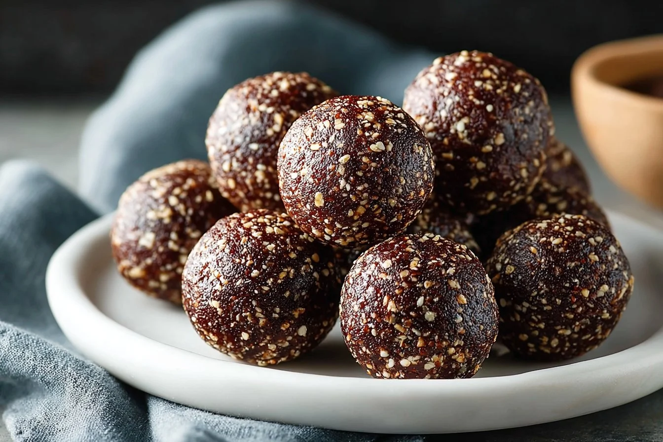 Homemade Mint Chocolate Energy Balls stacked on a white plate