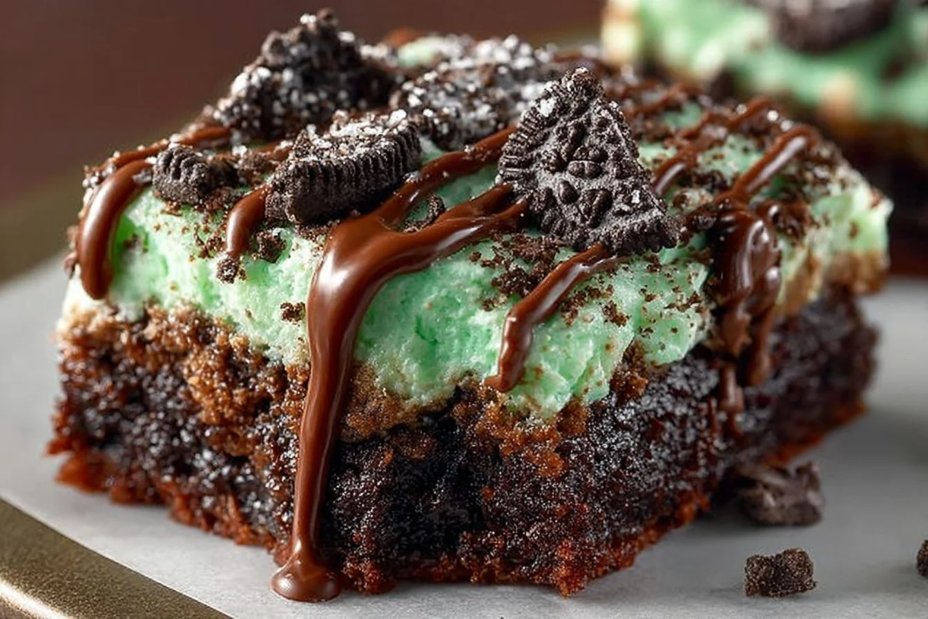 Decadent Mint Oreo Brownies topped with creamy mint frosting and crushed Oreos.