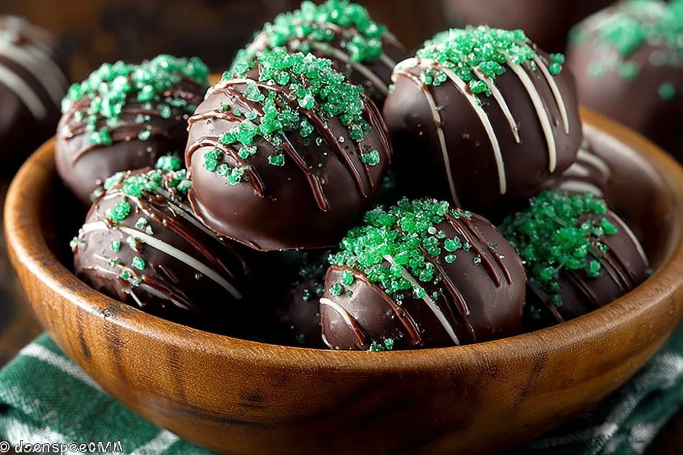 Delicious Mint Oreo Truffles decorated with green chocolate and mint sprinkles.