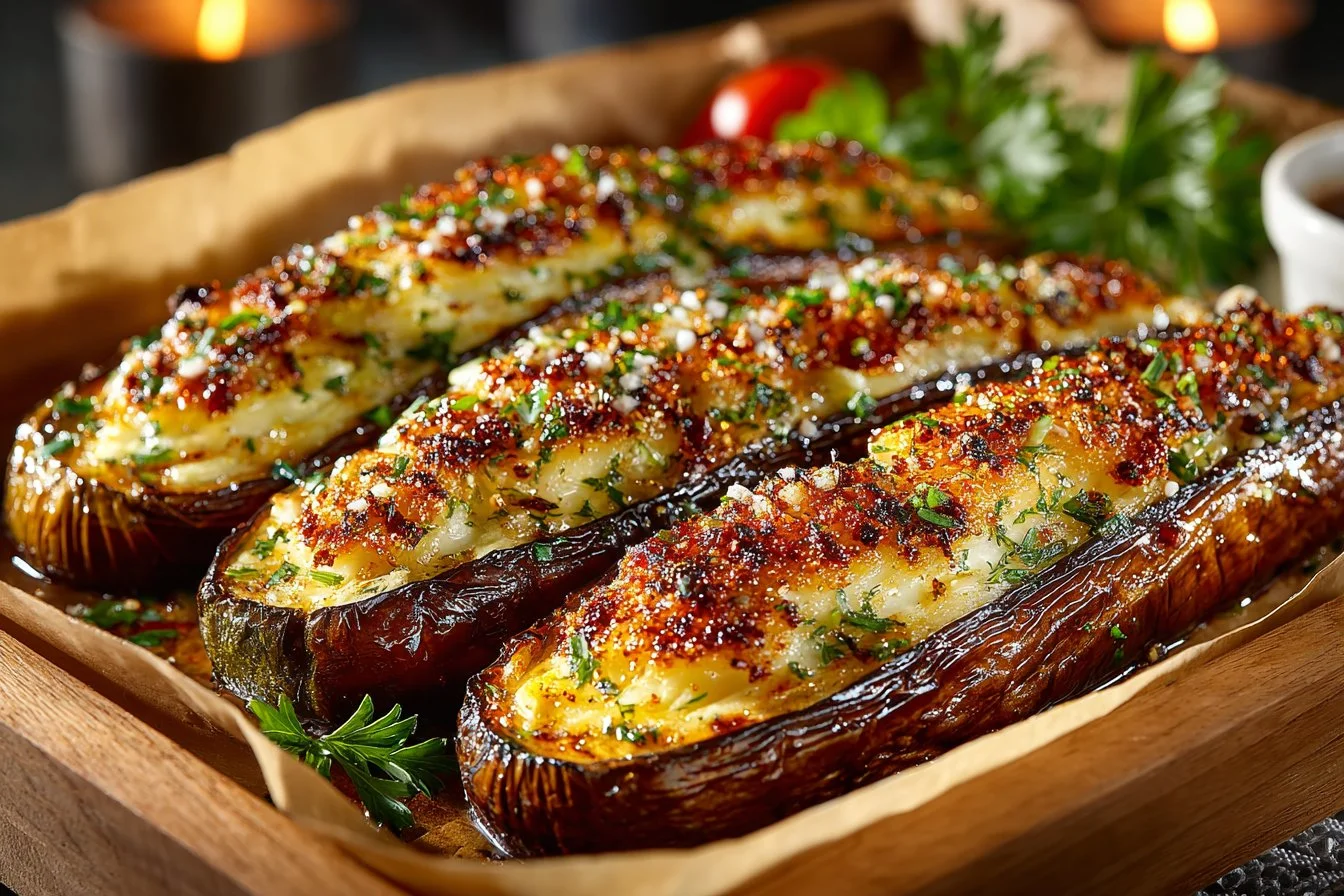 Delicious miso-glazed eggplant on a plate garnished with herbs