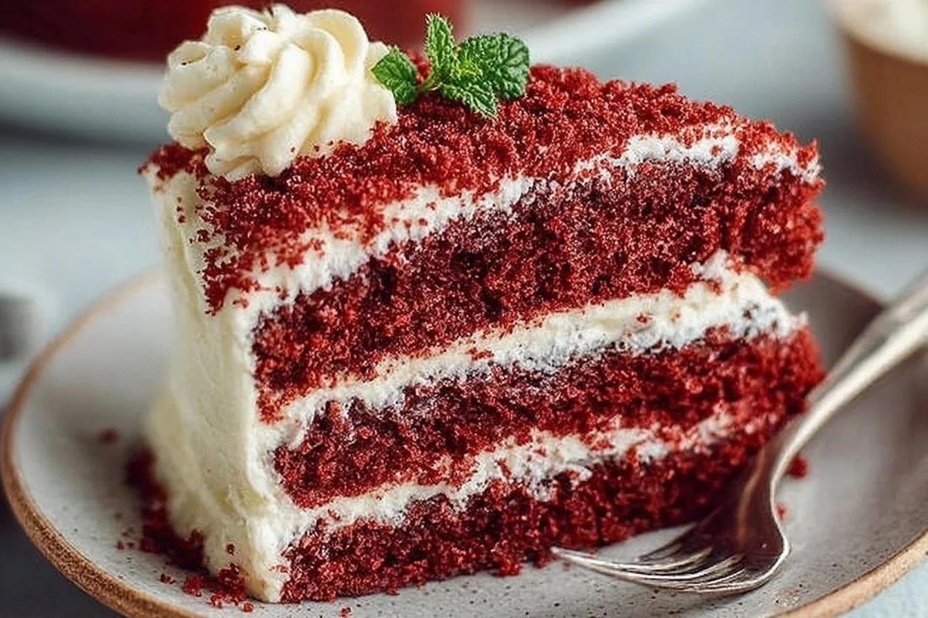 Deliciously moist red velvet cake with cream cheese frosting