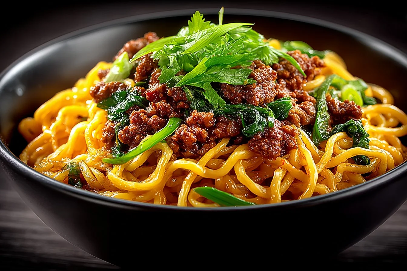 Plate of Mongolian ground beef noodles garnished with green onions and chili flakes.