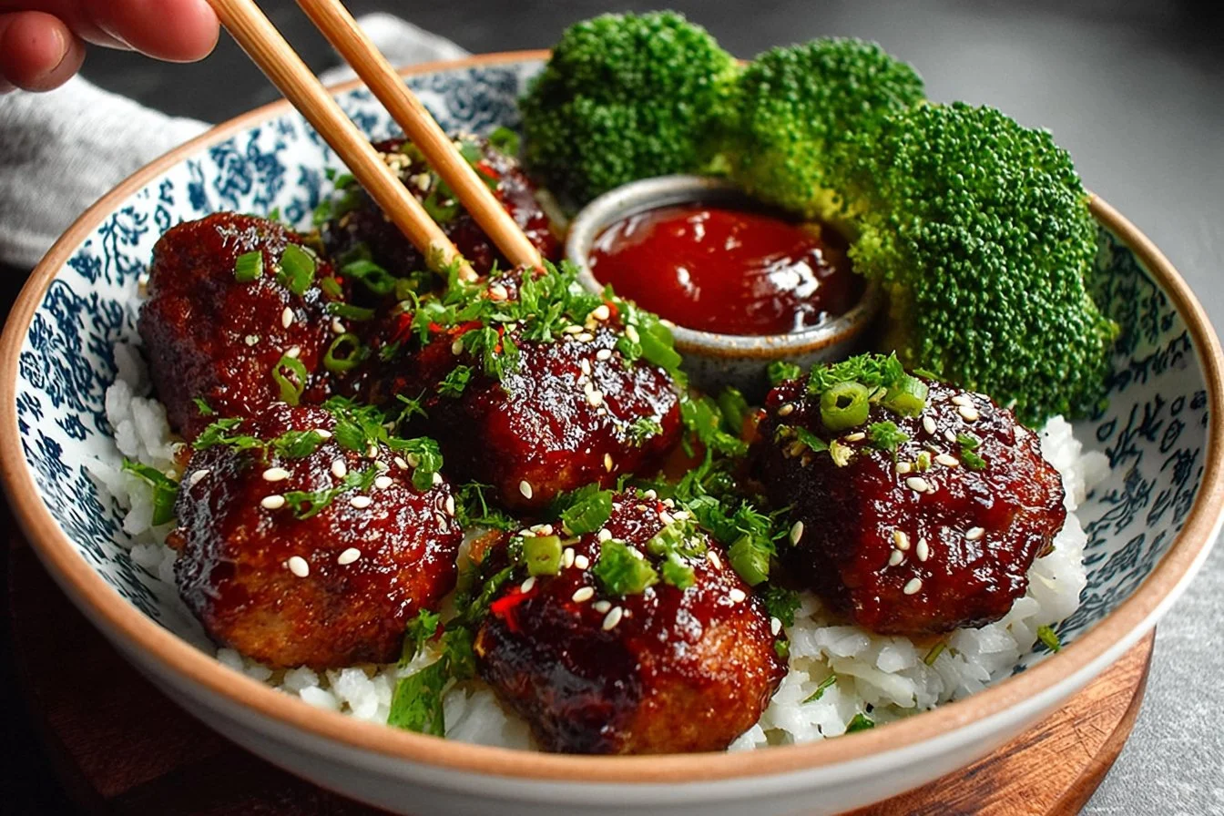 Plate of delicious Mongolian meatballs garnished with herbs