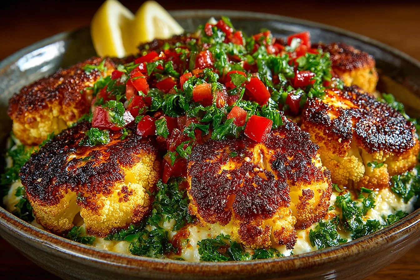 Delicious Moroccan Cauliflower with tahini and honey, served on a plate.