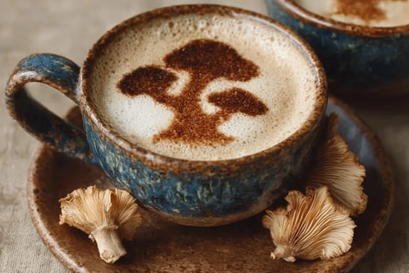 A cup of Mushroom Coffee next to a regular coffee cup, showcasing health benefits.