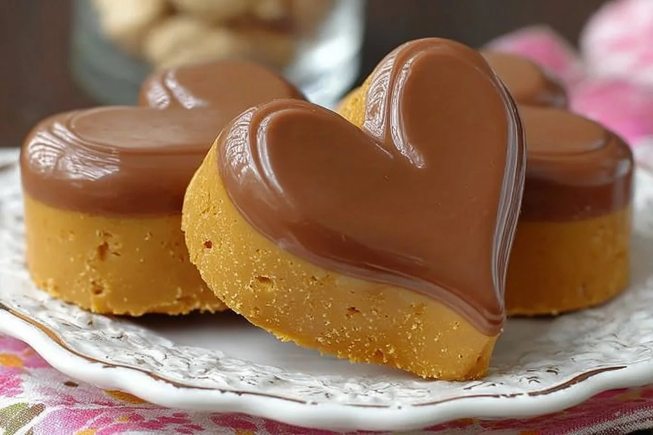 No bake peanut butter hearts dessert recipe with chocolate drizzle
