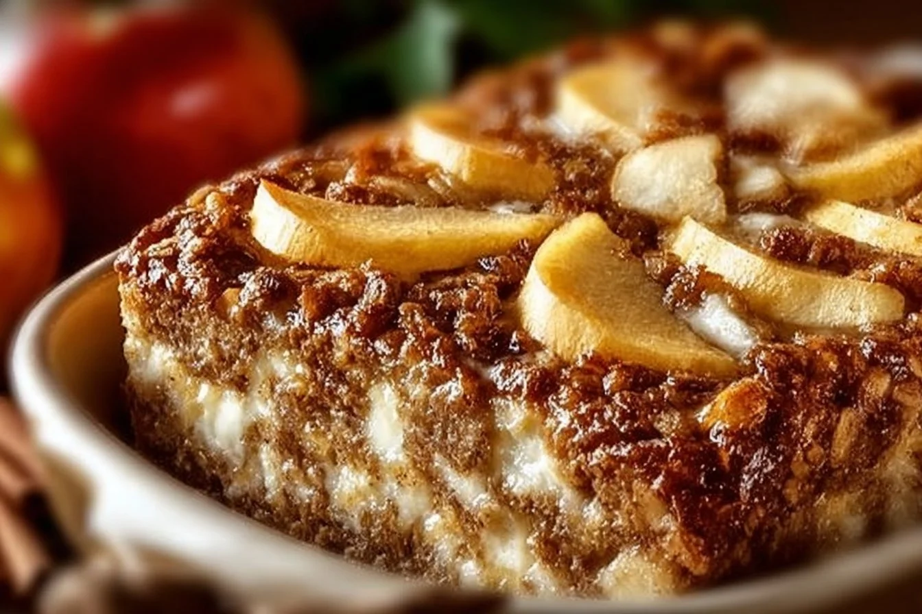 Oatmeal apple breakfast bake topped with cinnamon and fresh apple slices