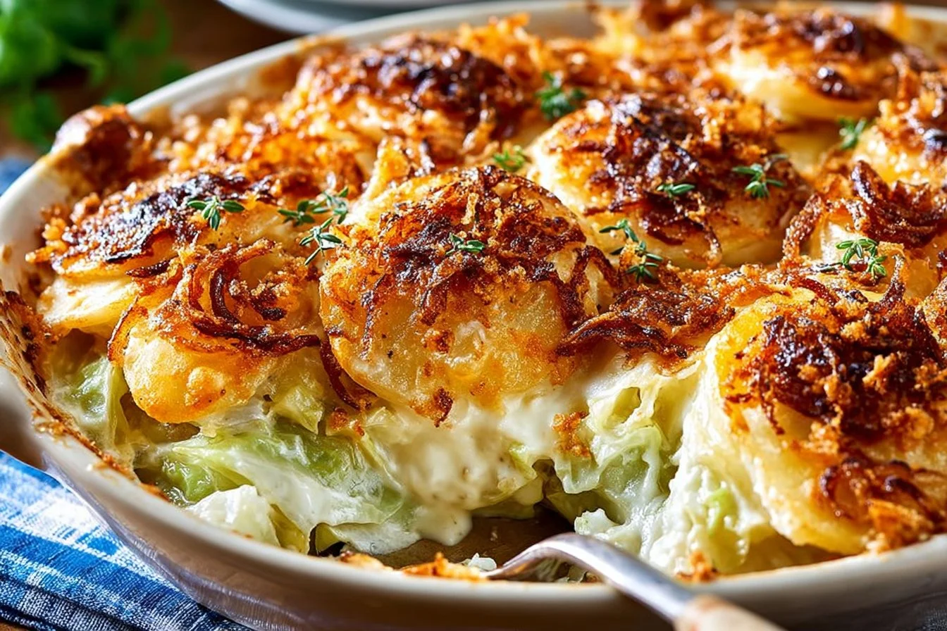 Delicious old-fashioned cabbage casserole topped with cheese and herbs