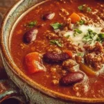 Bowl of Old Fashioned Chili topped with cheese and herbs