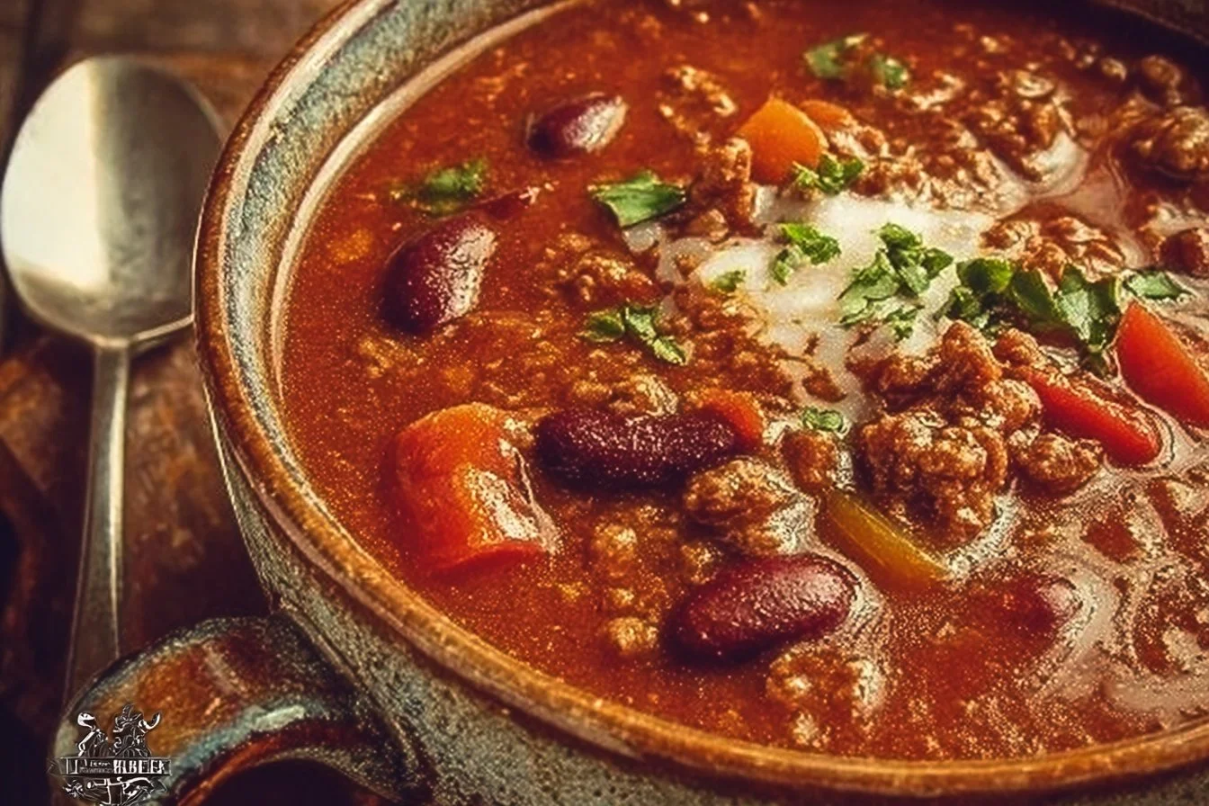 Bowl of Old Fashioned Chili topped with cheese and herbs