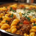 Delicious One Pot Beefaroni ready to serve in a white bowl.