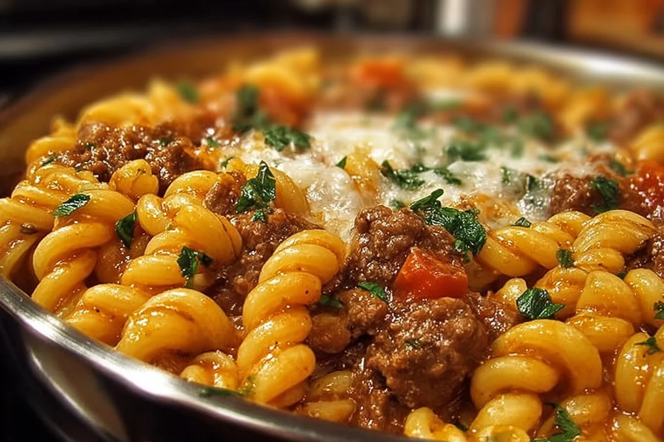 Delicious One Pot Beefaroni ready to serve in a white bowl.