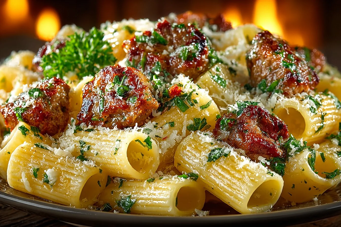 Delicious One Pot Cajun Sausage Pasta served in a bowl with herbs