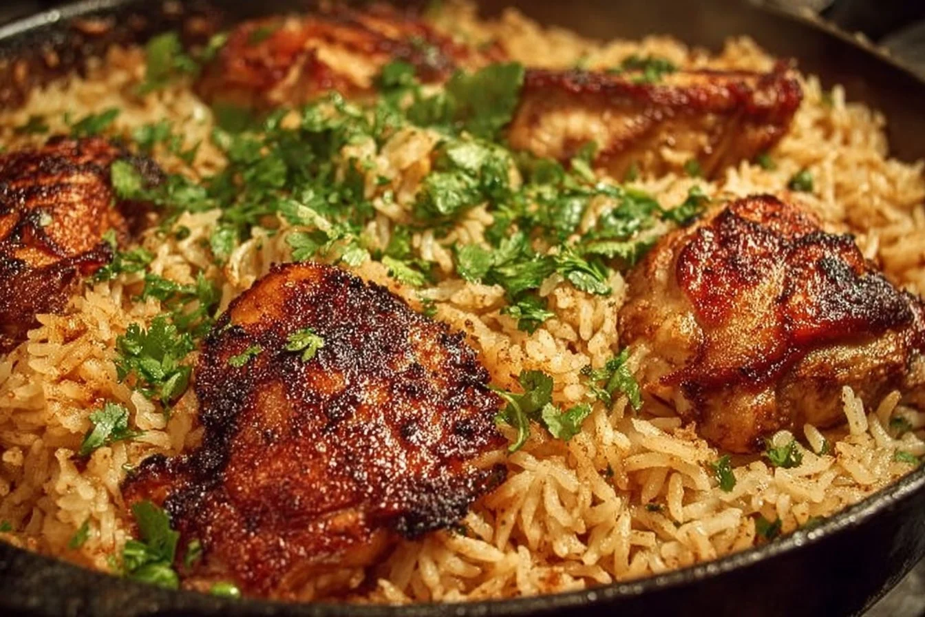 A delicious one pot chicken and rice dish served in a pan.